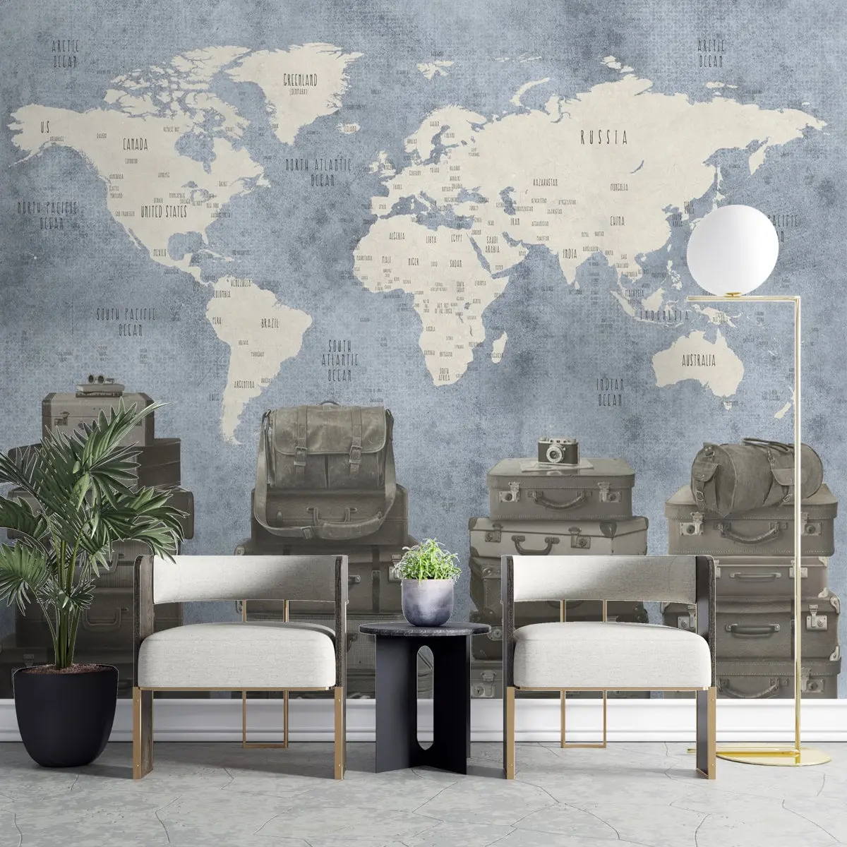 Blue Travel Theme World Map Customised Wallpaper 1