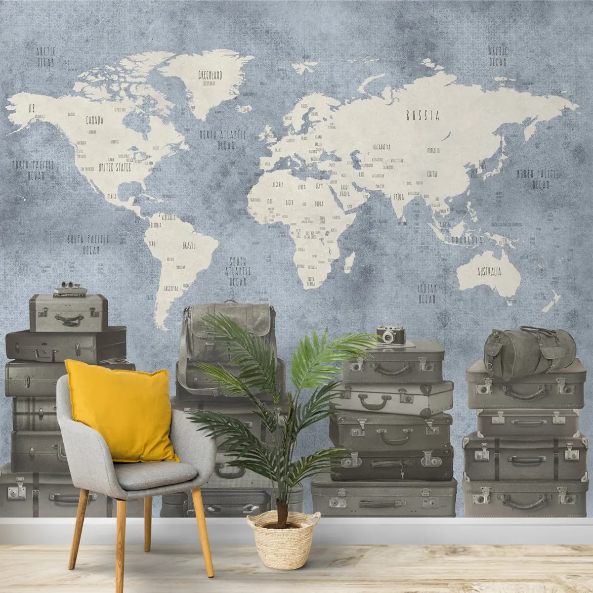 Blue Travel Theme World Map Customised Wallpaper 2