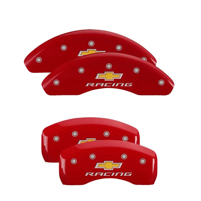 Mgp 4 Caliper Covers Engraved Front & Rear Chevy Racing Red Finish Silver Ch 1