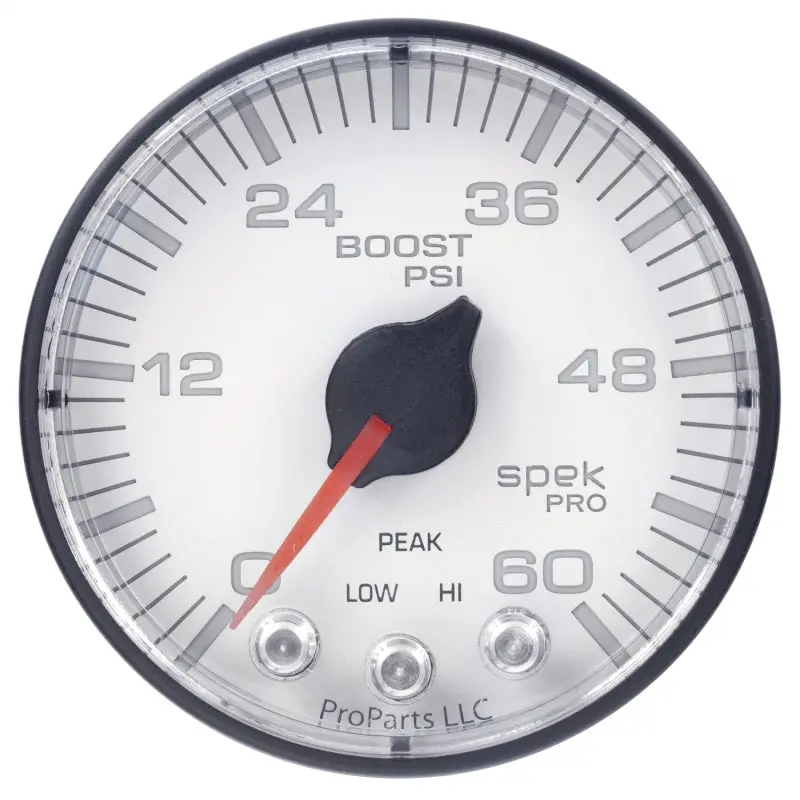 Autometer Spek-Pro Boost Gauge – 2-1/16In, 0–60 Psi, Stepper Motor, White/Black Dial With Peak Hold & Warning Features 1